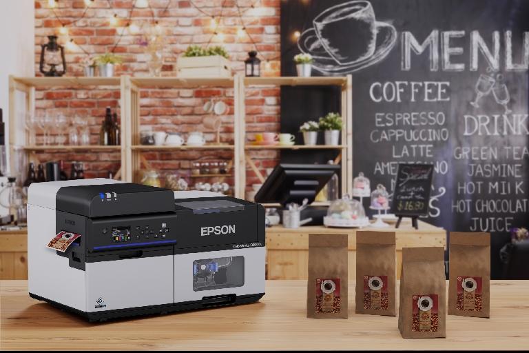 Epson C8000 printer in Coffee shop printing coffee and tea labels