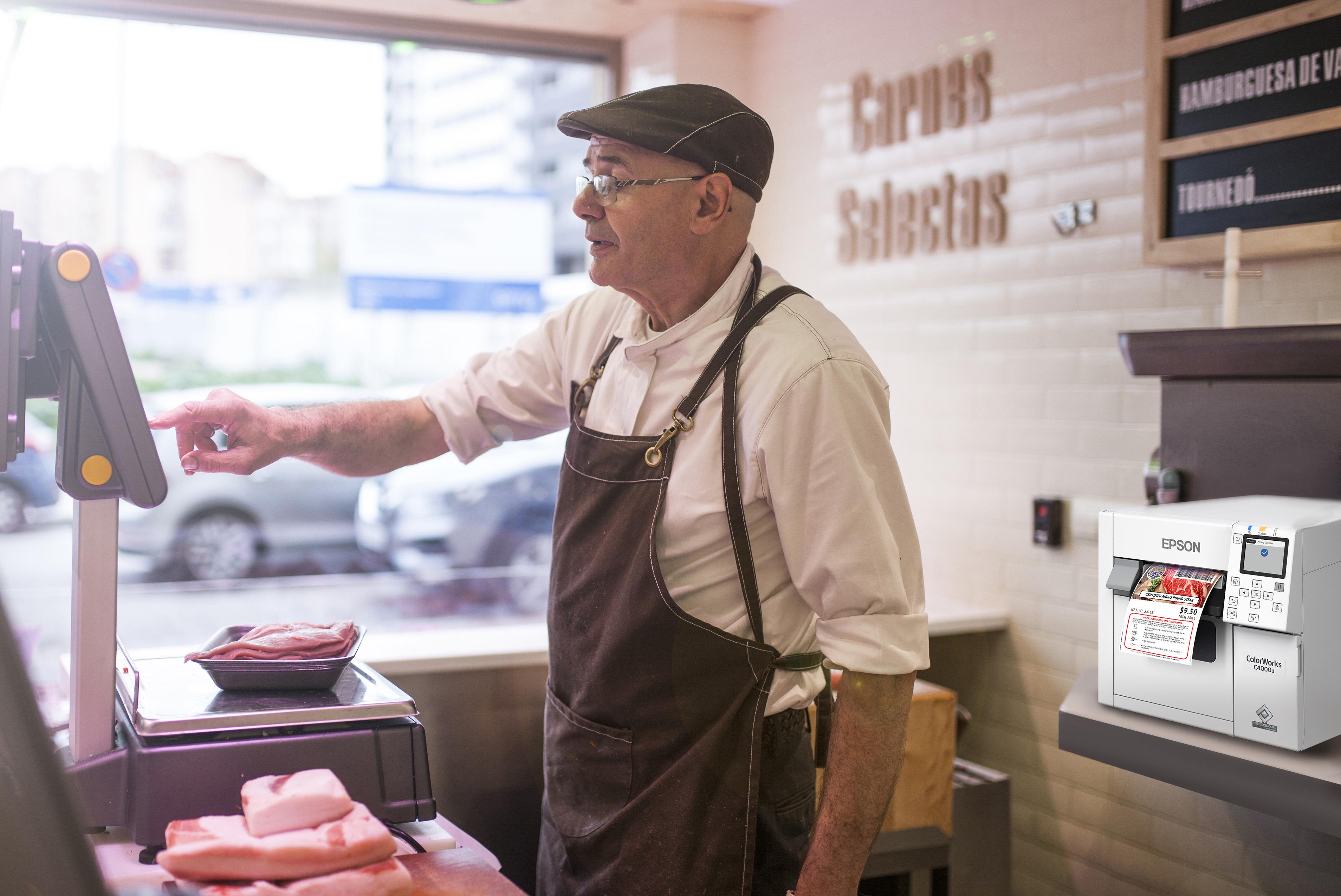 Epson Colorworks C4000 printer in a meat shop