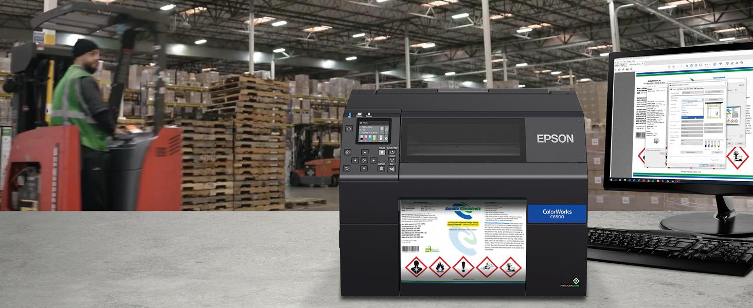 Epson C6500 printer in warehouse printing GHS BS5609 compliant labels